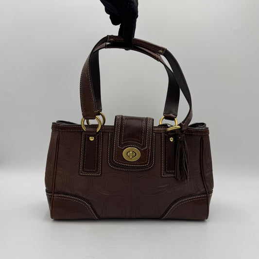 Coach 11330 Brown Signature Stitch Leather Hampton Turn Lock Shoulder Bag