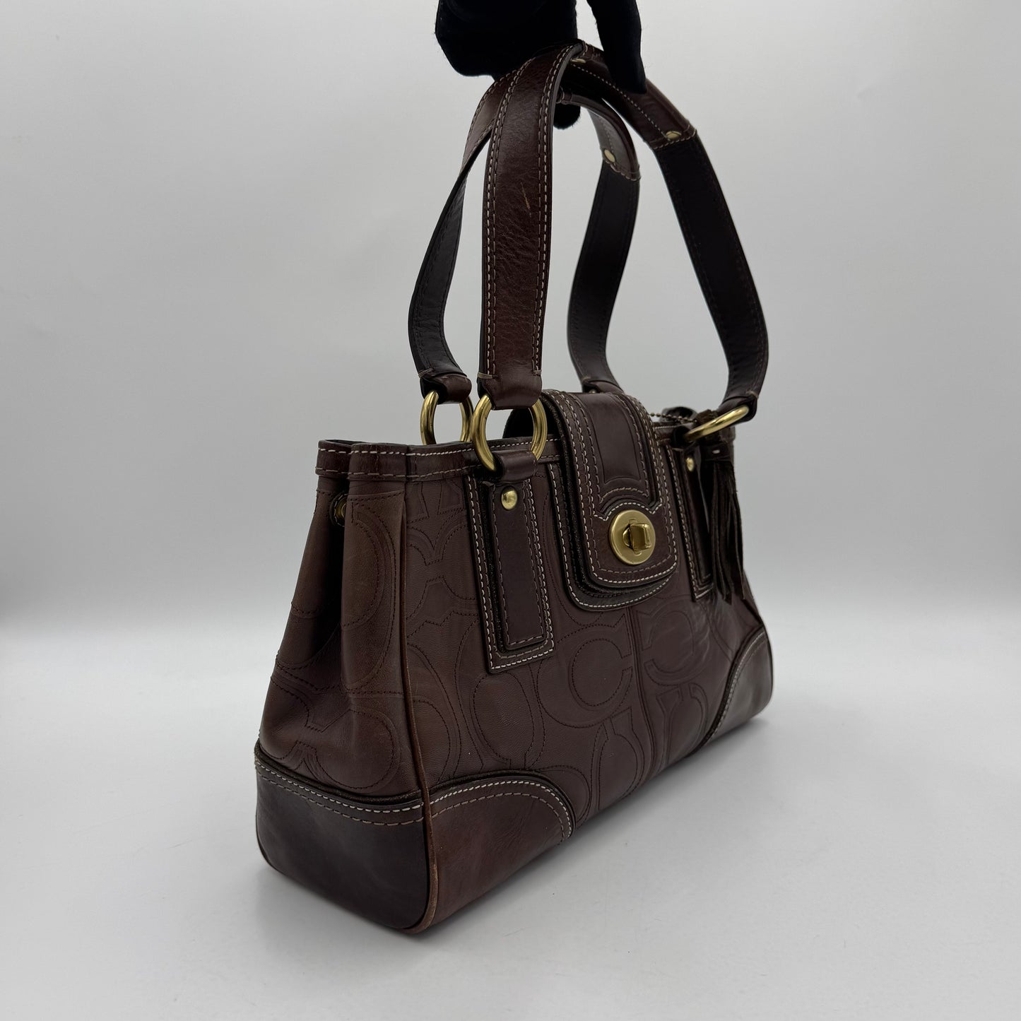 Coach 11330 Brown Signature Stitch Leather Hampton Turn Lock Shoulder Bag