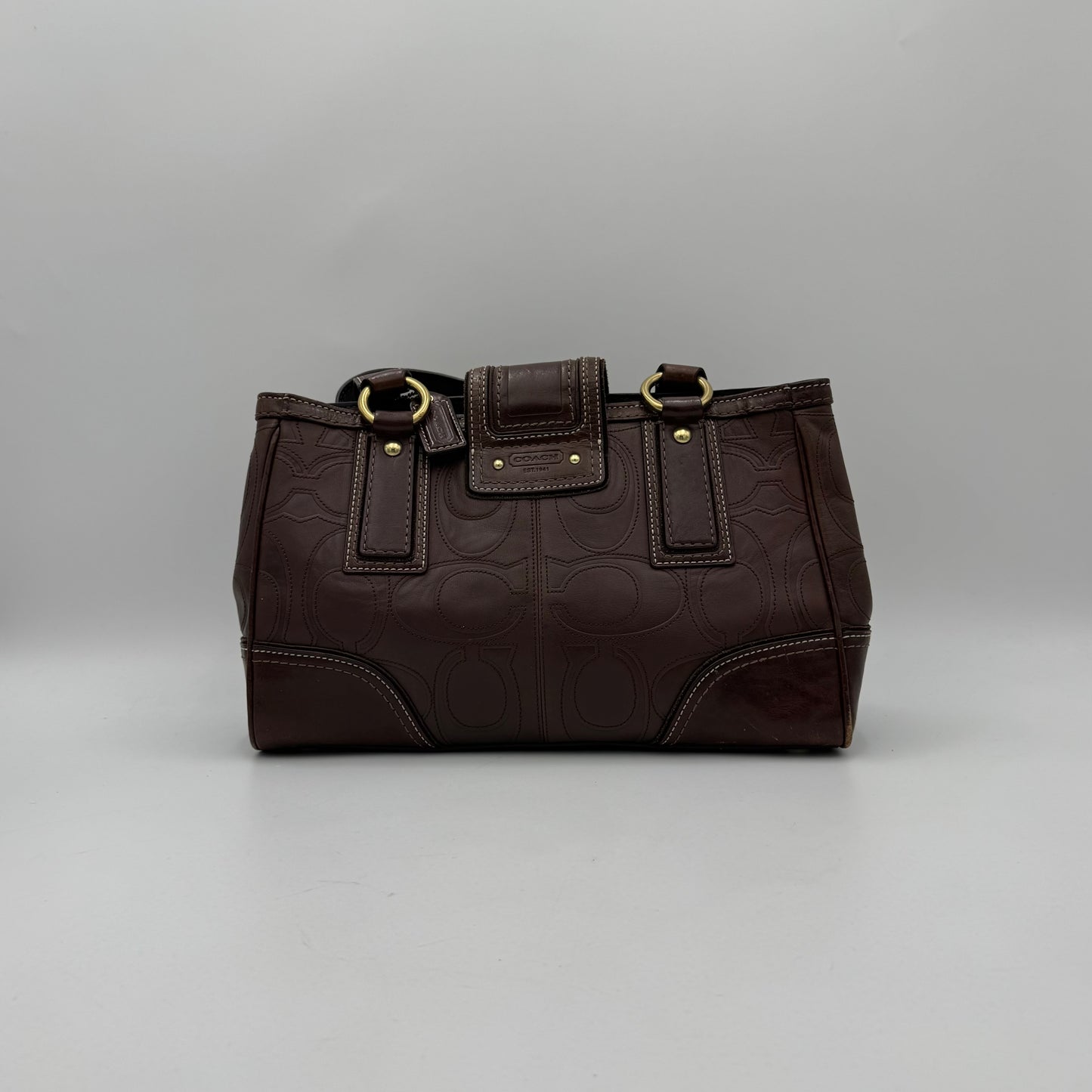 Coach 11330 Brown Signature Stitch Leather Hampton Turn Lock Shoulder Bag
