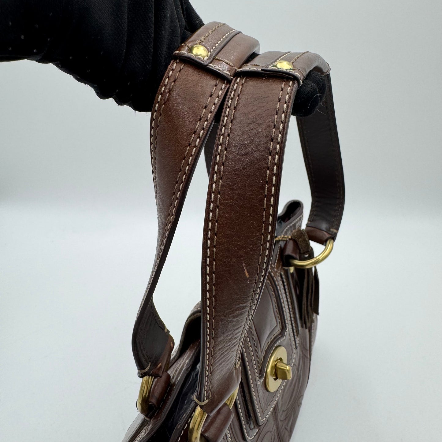 Coach 11330 Brown Signature Stitch Leather Hampton Turn Lock Shoulder Bag