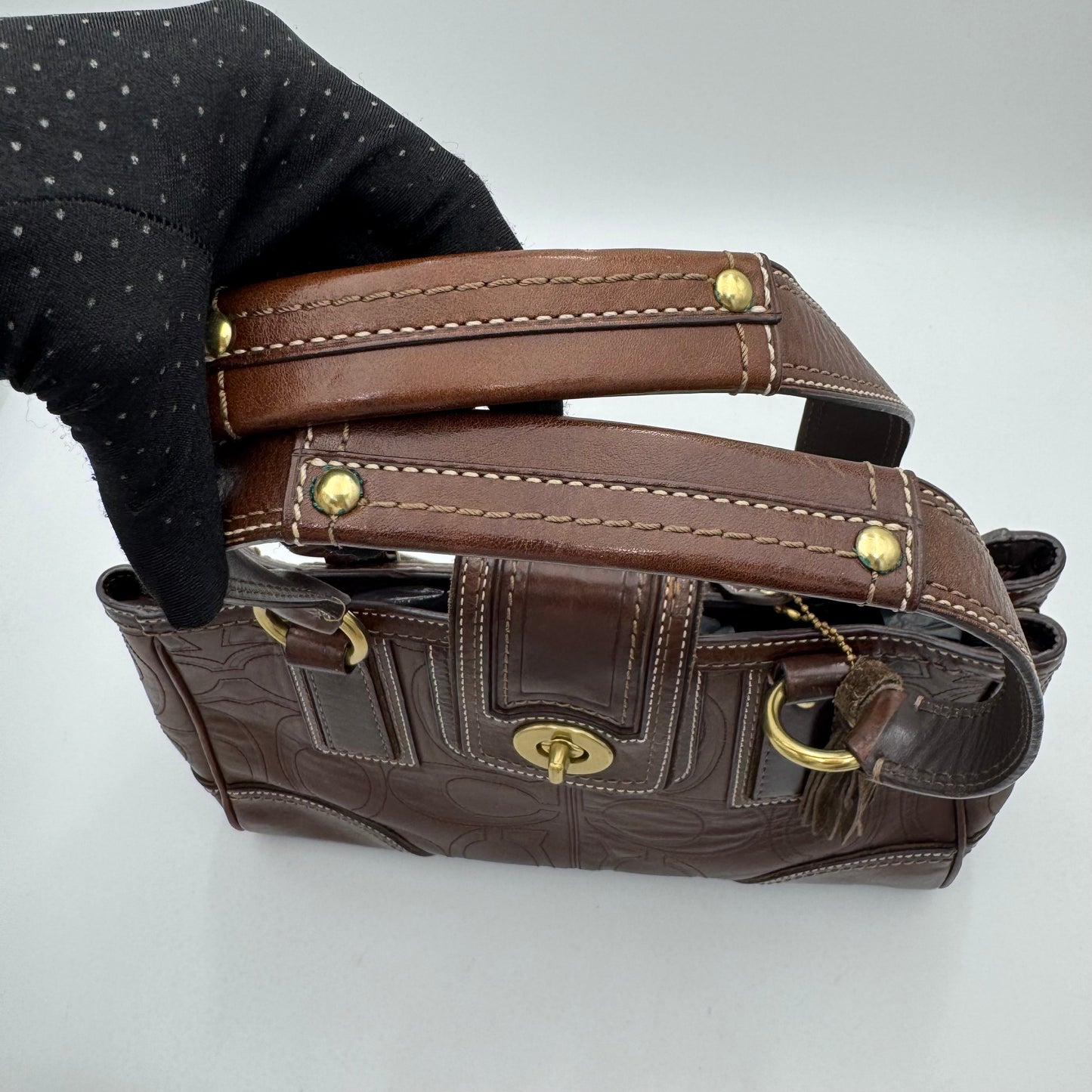 Coach 11330 Brown Signature Stitch Leather Hampton Turn Lock Shoulder Bag