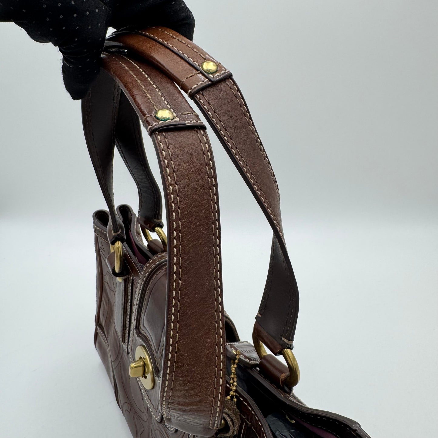Coach 11330 Brown Signature Stitch Leather Hampton Turn Lock Shoulder Bag