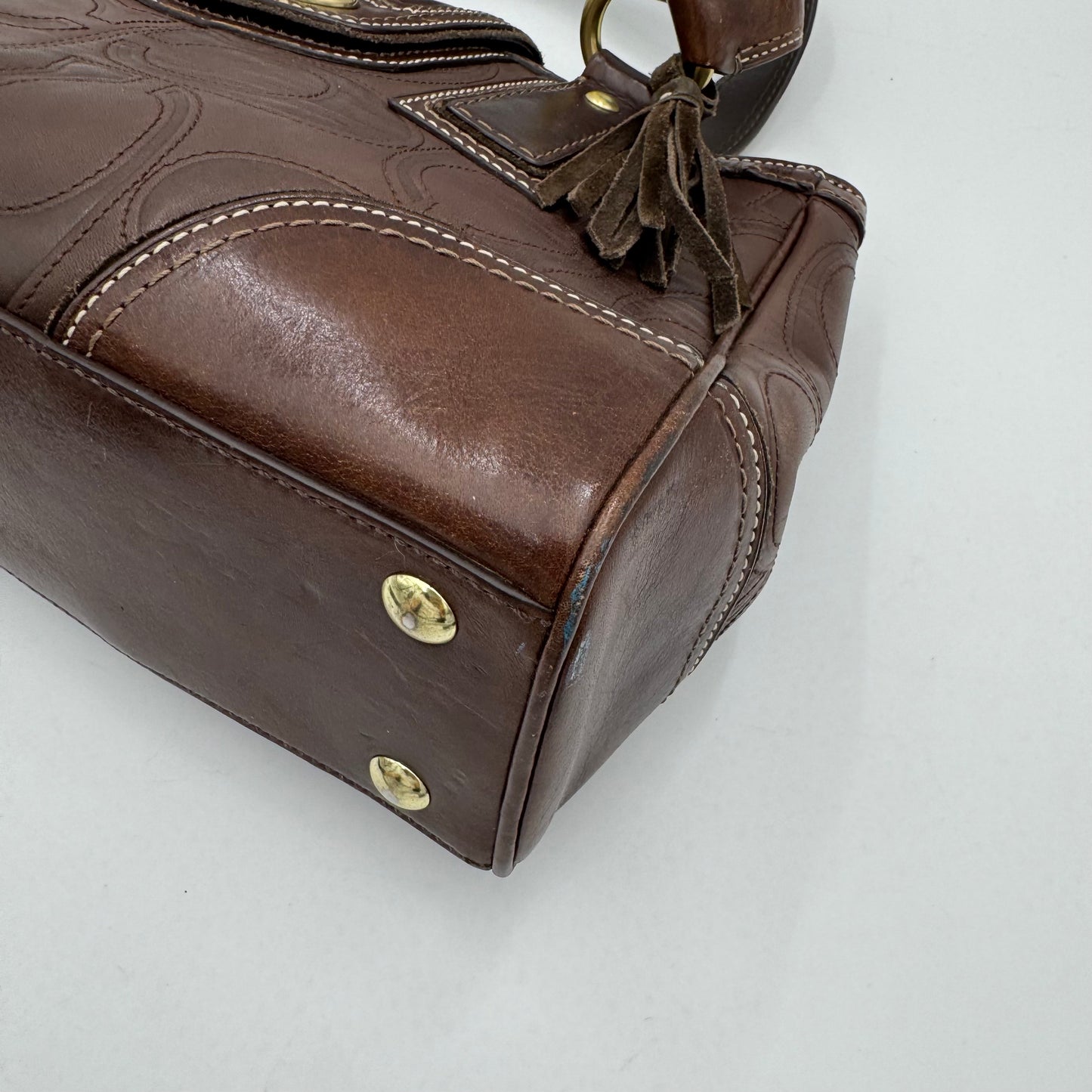 Coach 11330 Brown Signature Stitch Leather Hampton Turn Lock Shoulder Bag