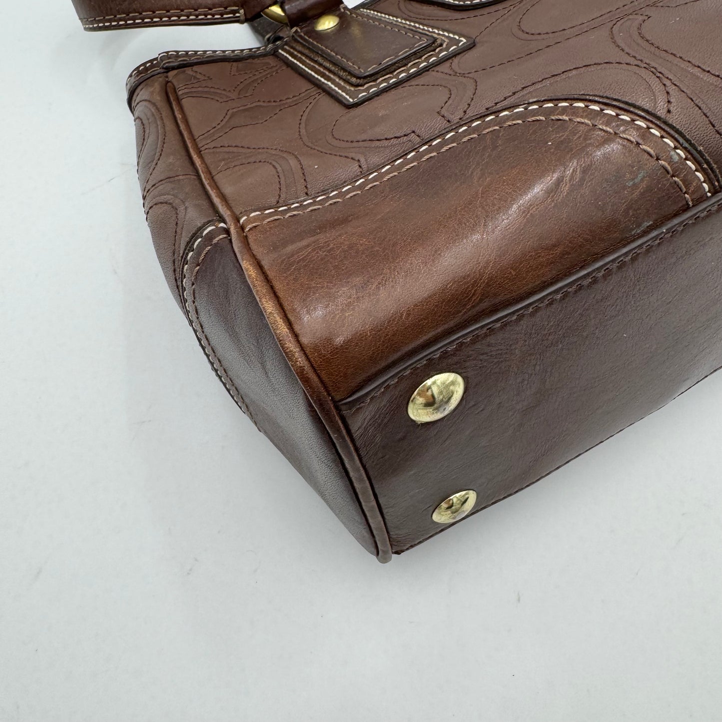 Coach 11330 Brown Signature Stitch Leather Hampton Turn Lock Shoulder Bag