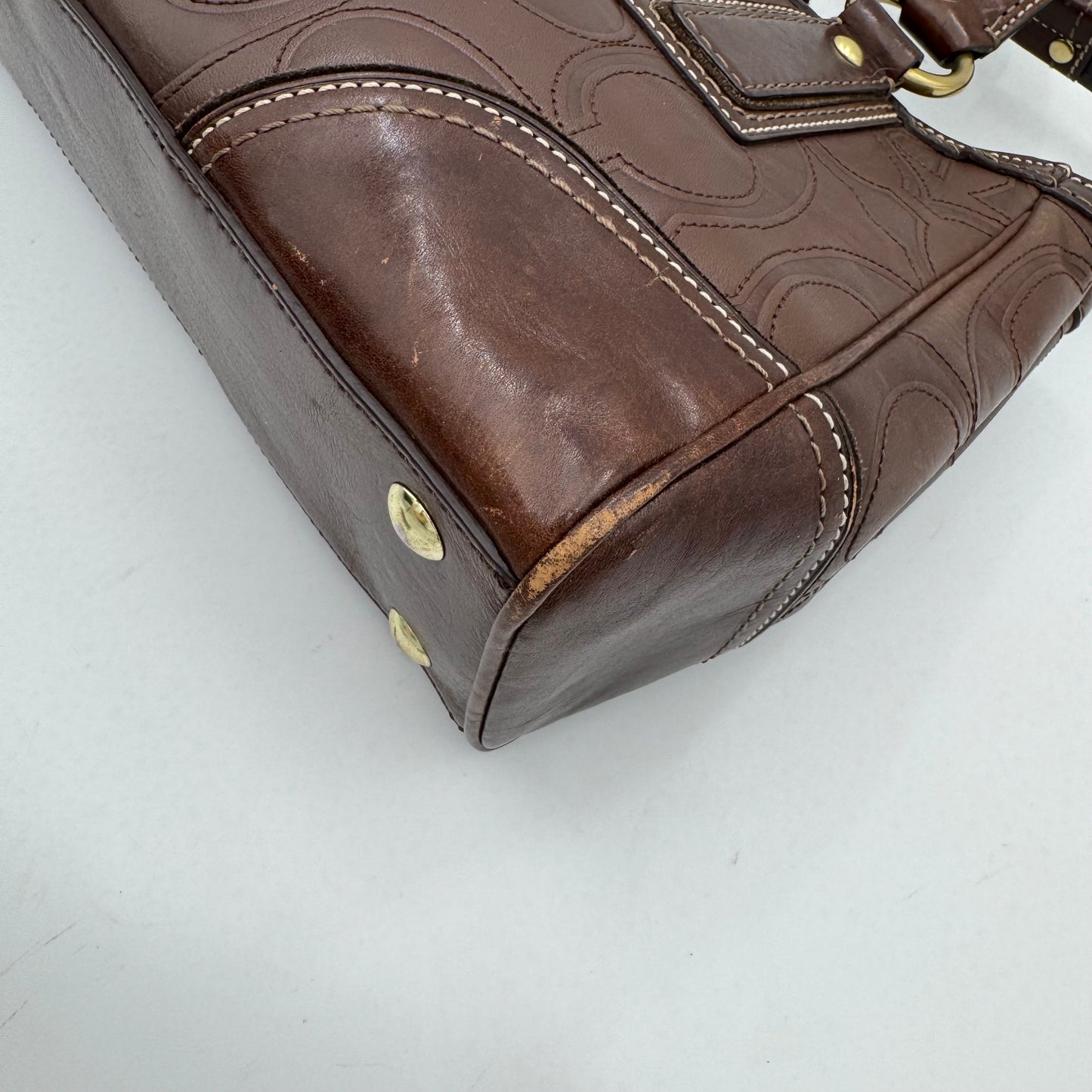 Coach 11330 Brown Signature Stitch Leather Hampton Turn Lock Shoulder Bag