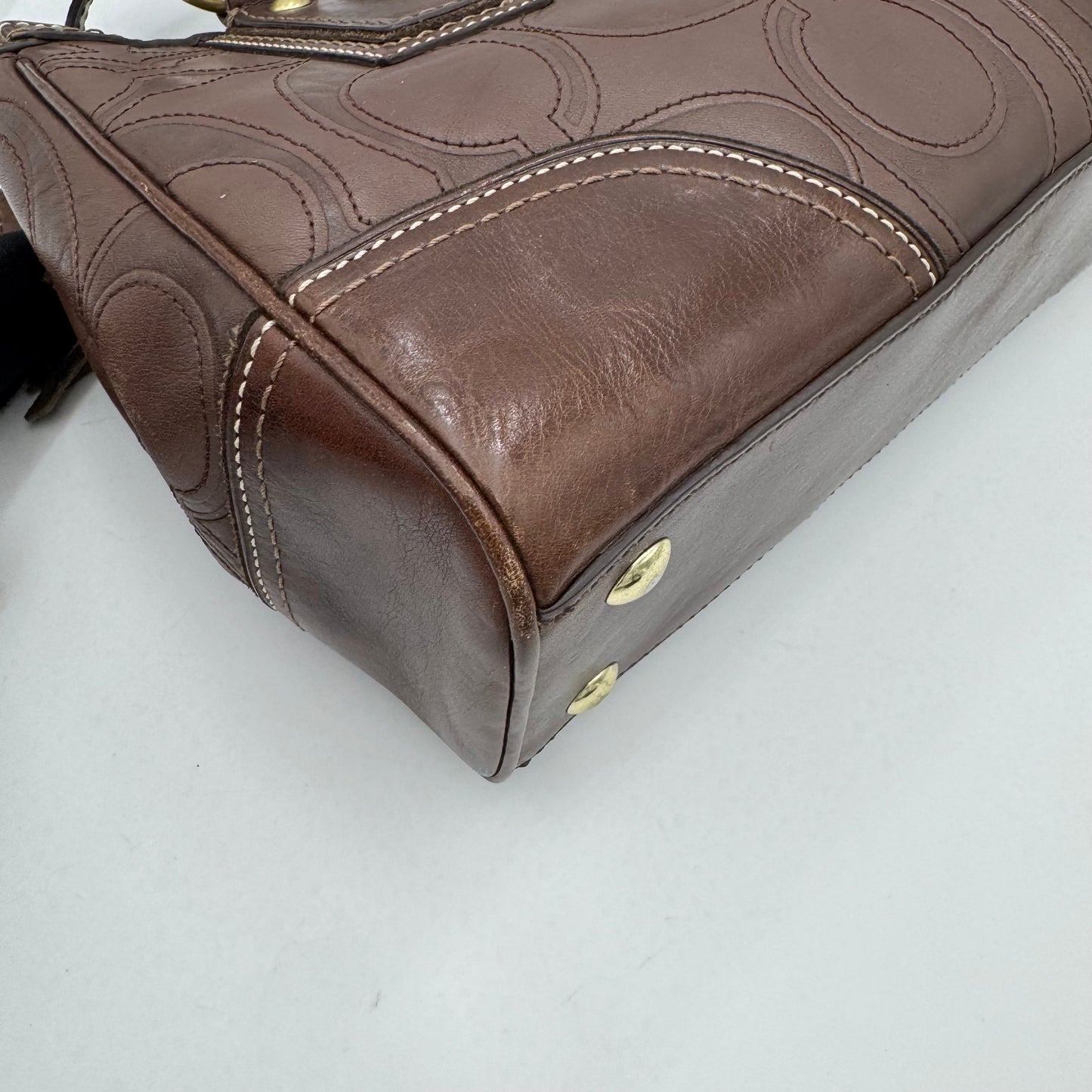 Coach 11330 Brown Signature Stitch Leather Hampton Turn Lock Shoulder Bag