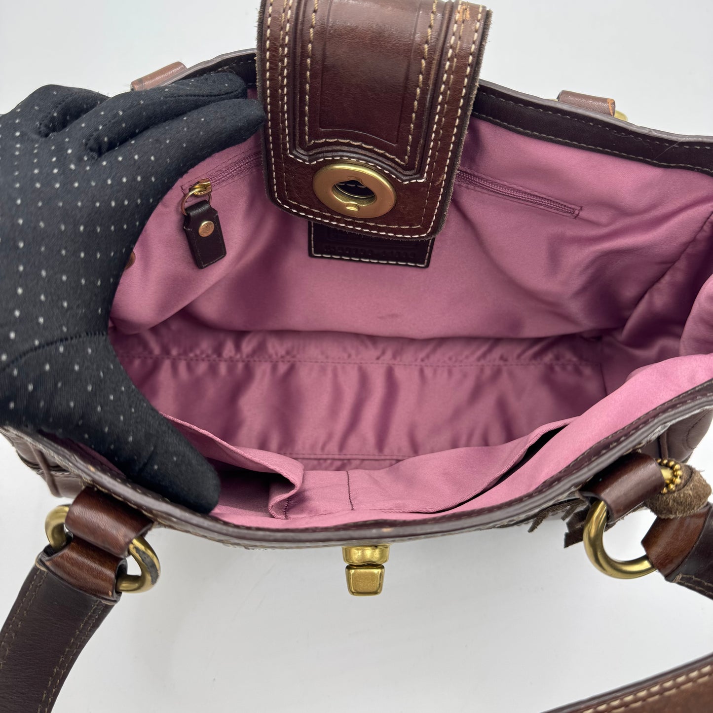 Coach 11330 Brown Signature Stitch Leather Hampton Turn Lock Shoulder Bag
