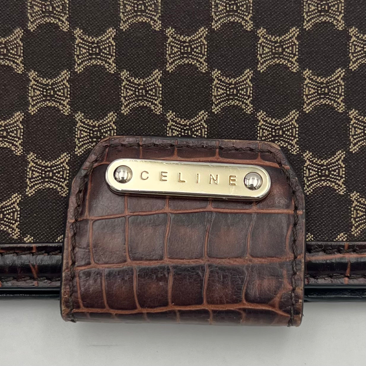 Celine Triomphe Canvas Croc Embossed Leather Long Wallet