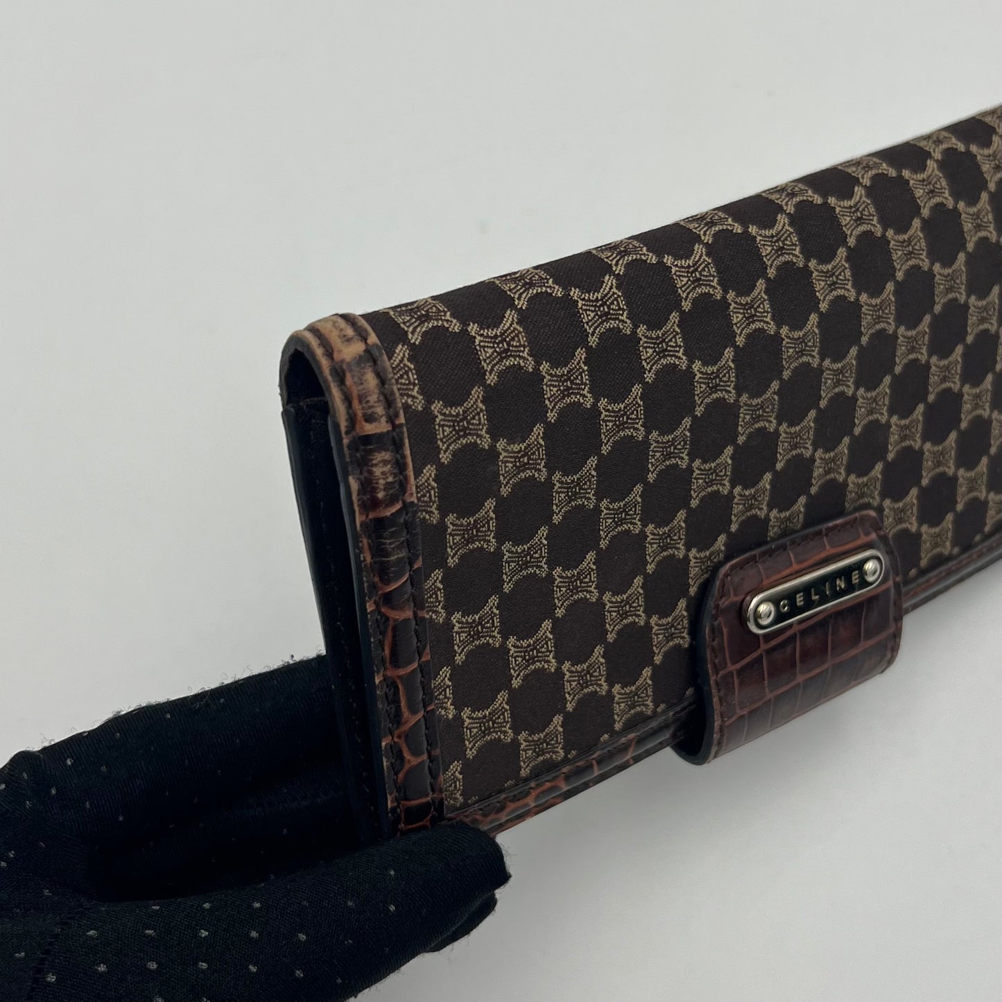 Celine Triomphe Canvas Croc Embossed Leather Long Wallet