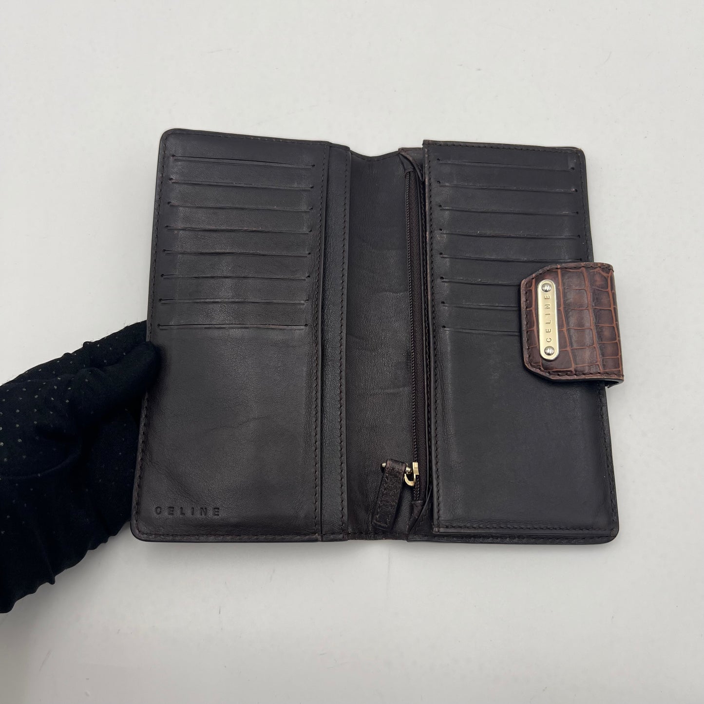 Celine Triomphe Canvas Croc Embossed Leather Long Wallet