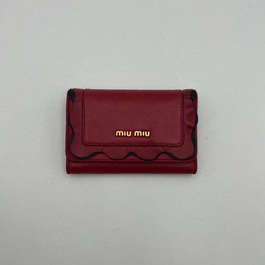 Miu Miu Red Black Frilled Leather Medium Compact Wallet GHW