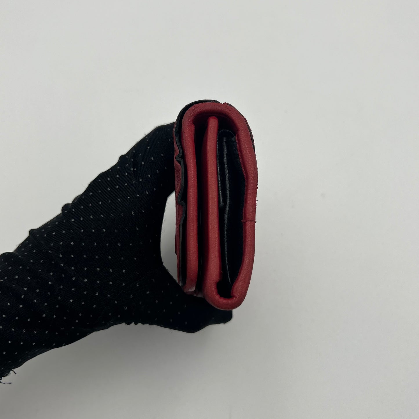 Miu Miu Red Black Frilled Leather Medium Compact Wallet GHW
