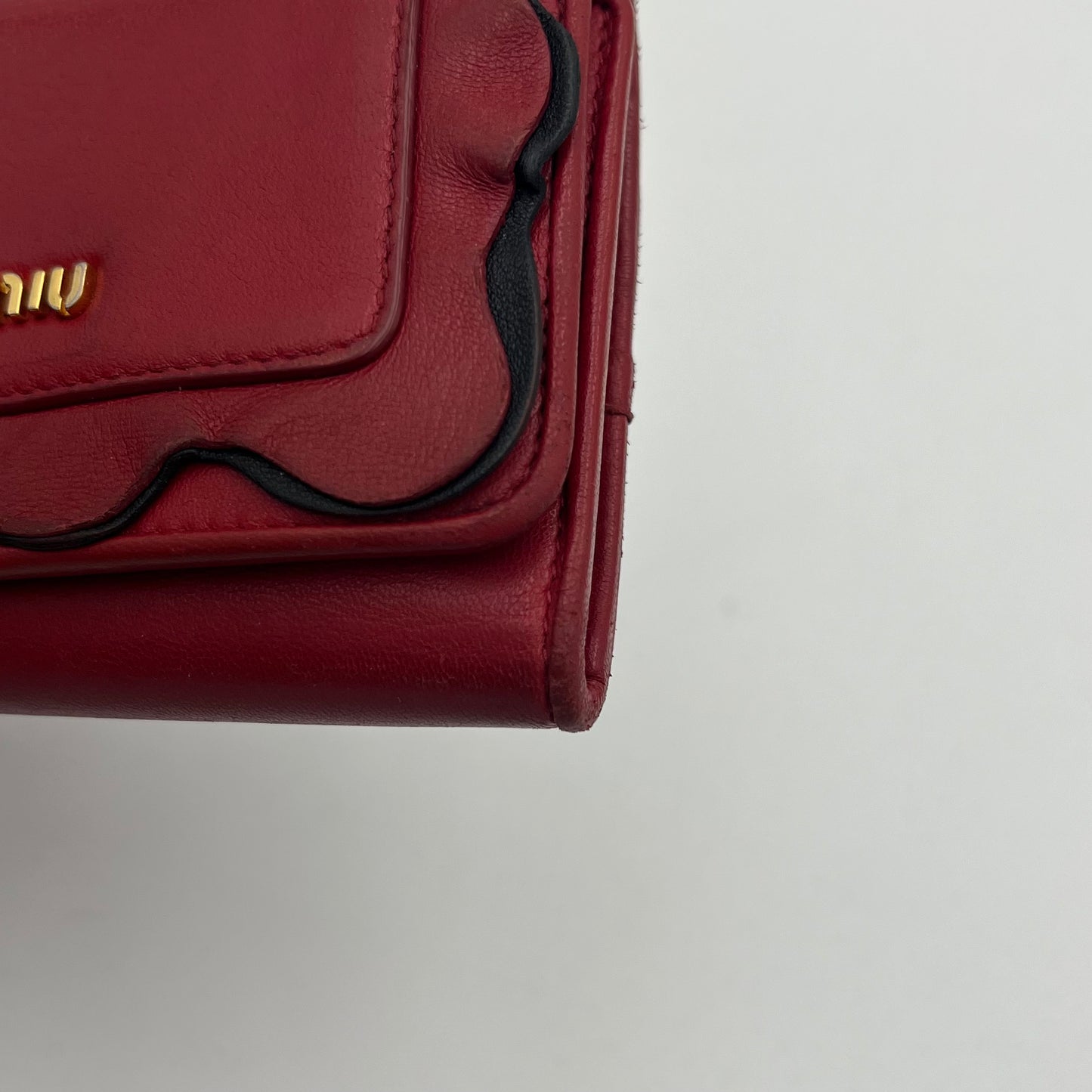 Miu Miu Red Black Frilled Leather Medium Compact Wallet GHW