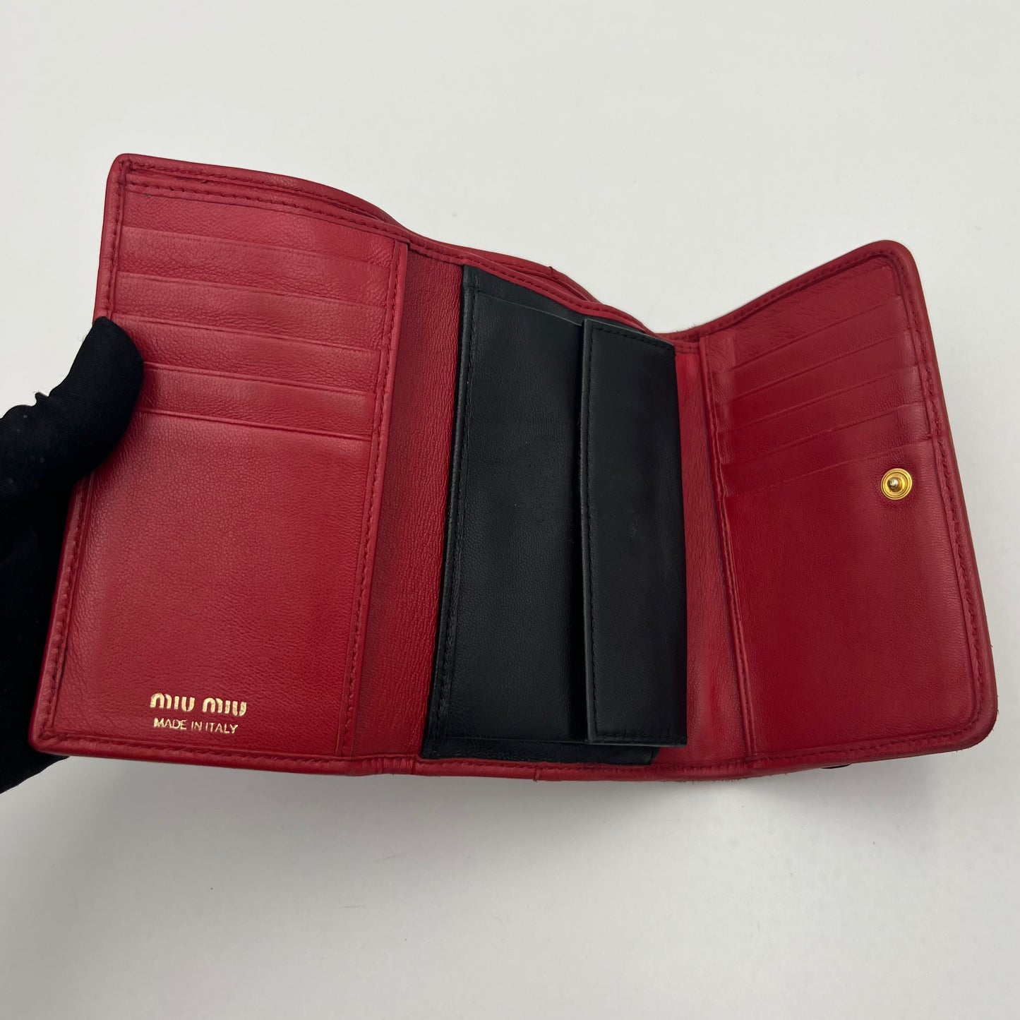 Miu Miu Red Black Frilled Leather Medium Compact Wallet GHW