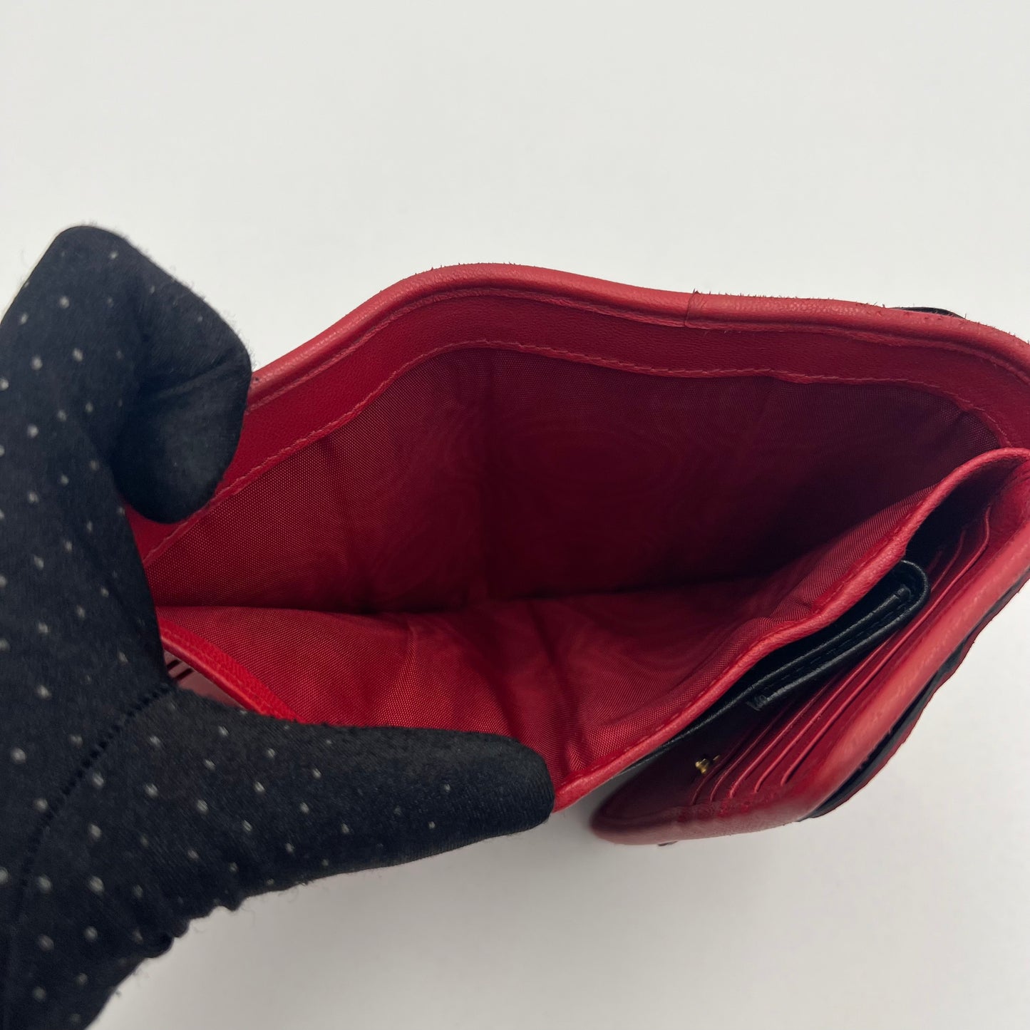 Miu Miu Red Black Frilled Leather Medium Compact Wallet GHW