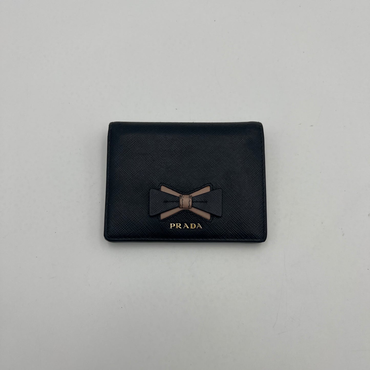 Prada Black Saffiano Beige Lining Bow Bifold Short Wallet