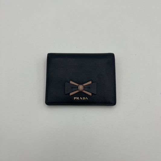 Prada Black Saffiano Beige Lining Bow Bifold Short Wallet