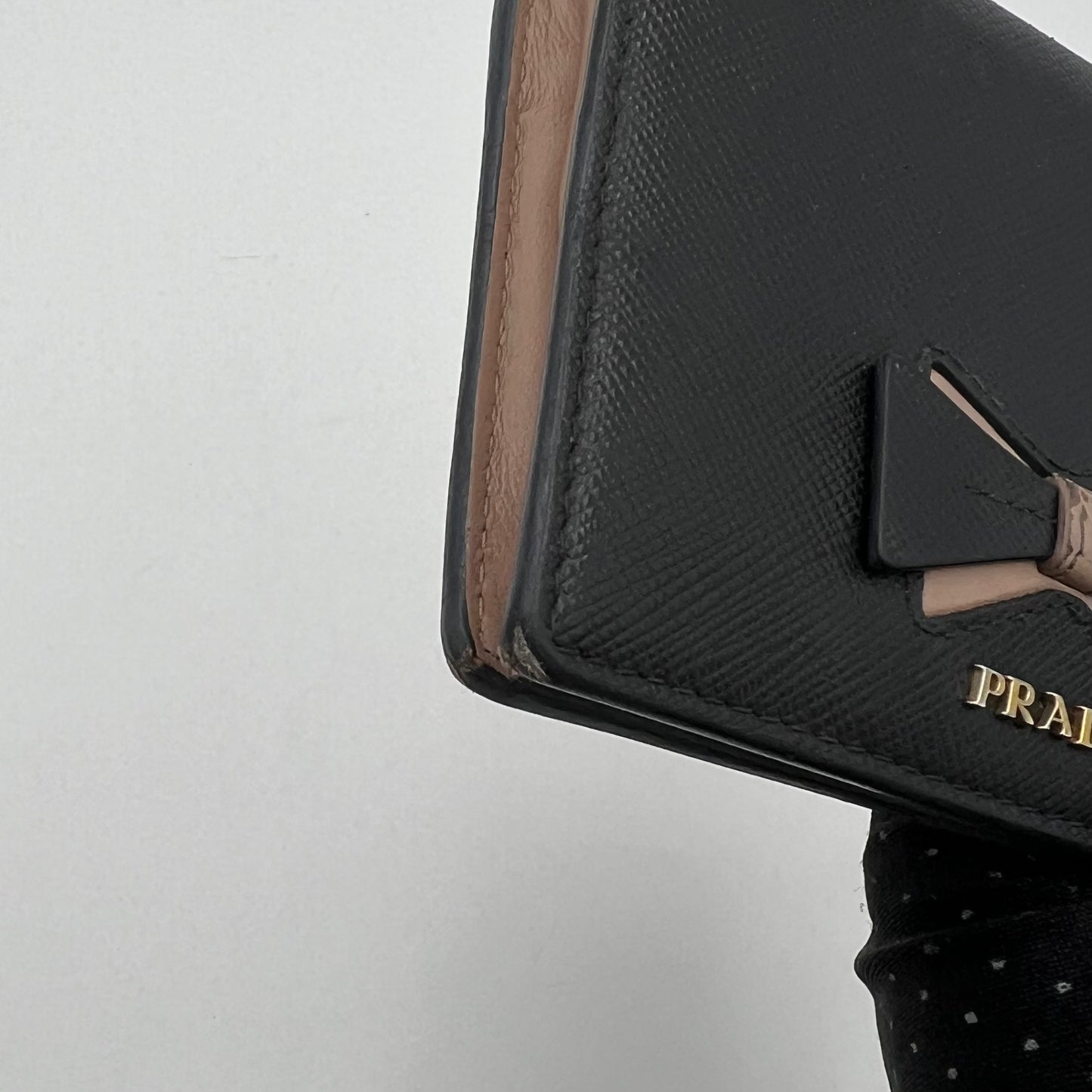 Prada Black Saffiano Beige Lining Bow Bifold Short Wallet