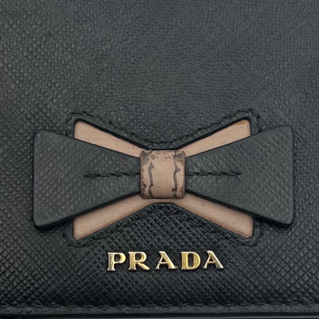 Prada Black Saffiano Beige Lining Bow Bifold Short Wallet