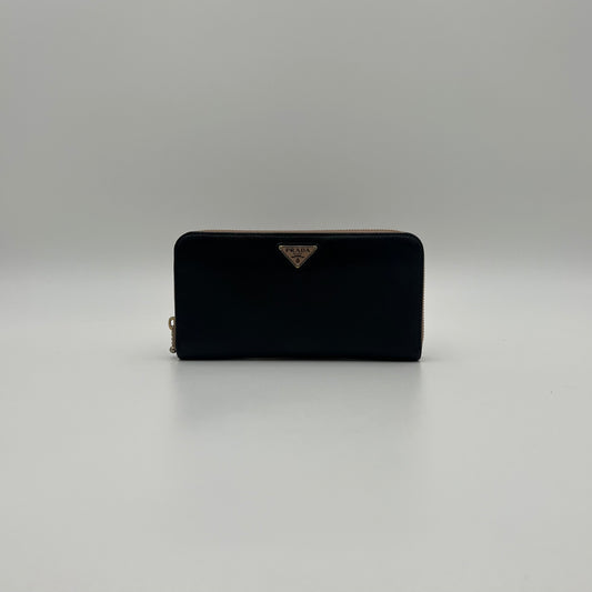 Prada Black Saffiano and Nude Pink Plate Long Zip Around Wallet