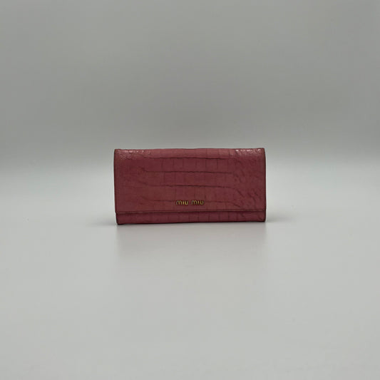 Miu Miu Pink Croc Embossed Long Continental Flap Wallet