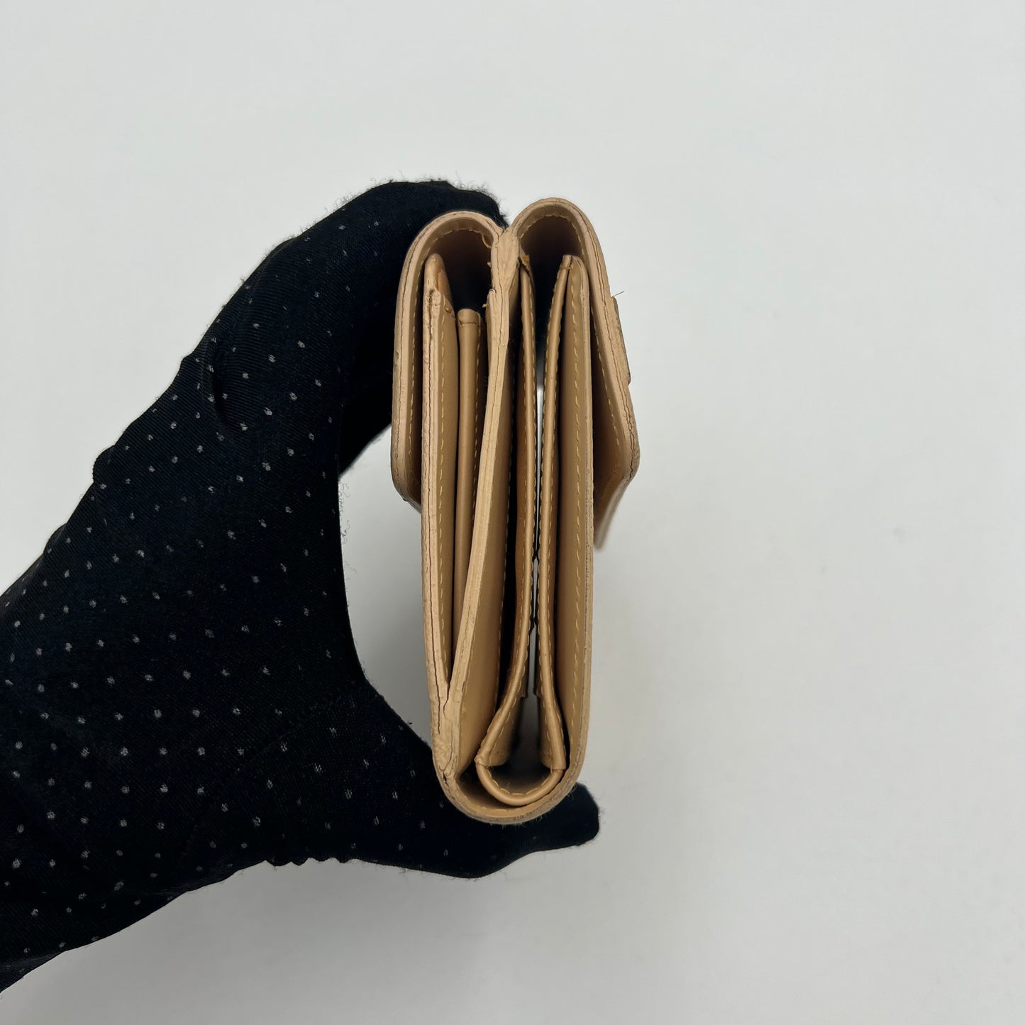 Celine Paris Beige Macadam Logo Short Trifold Compact Wallet