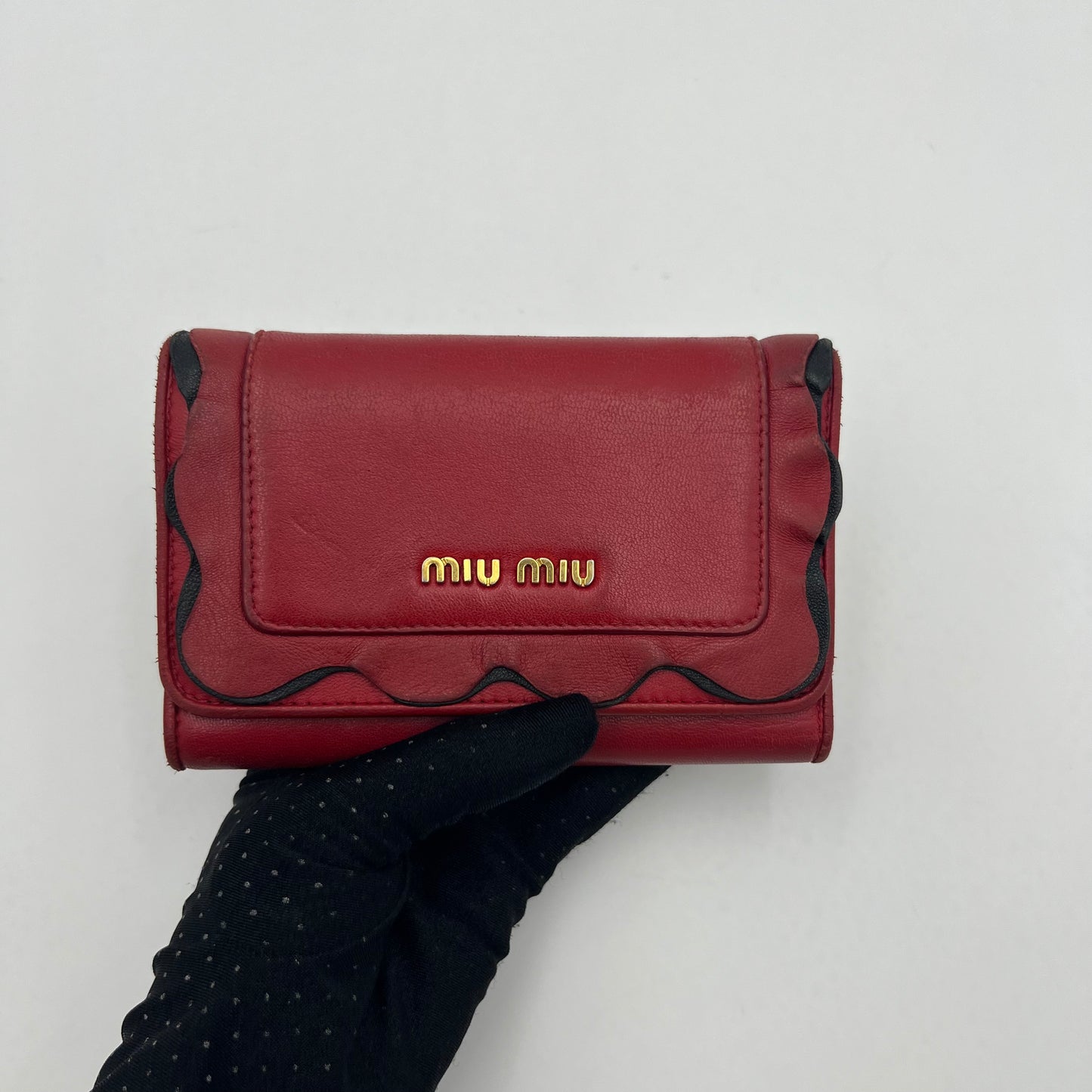 Miu Miu Red Black Frilled Leather Medium Compact Wallet GHW
