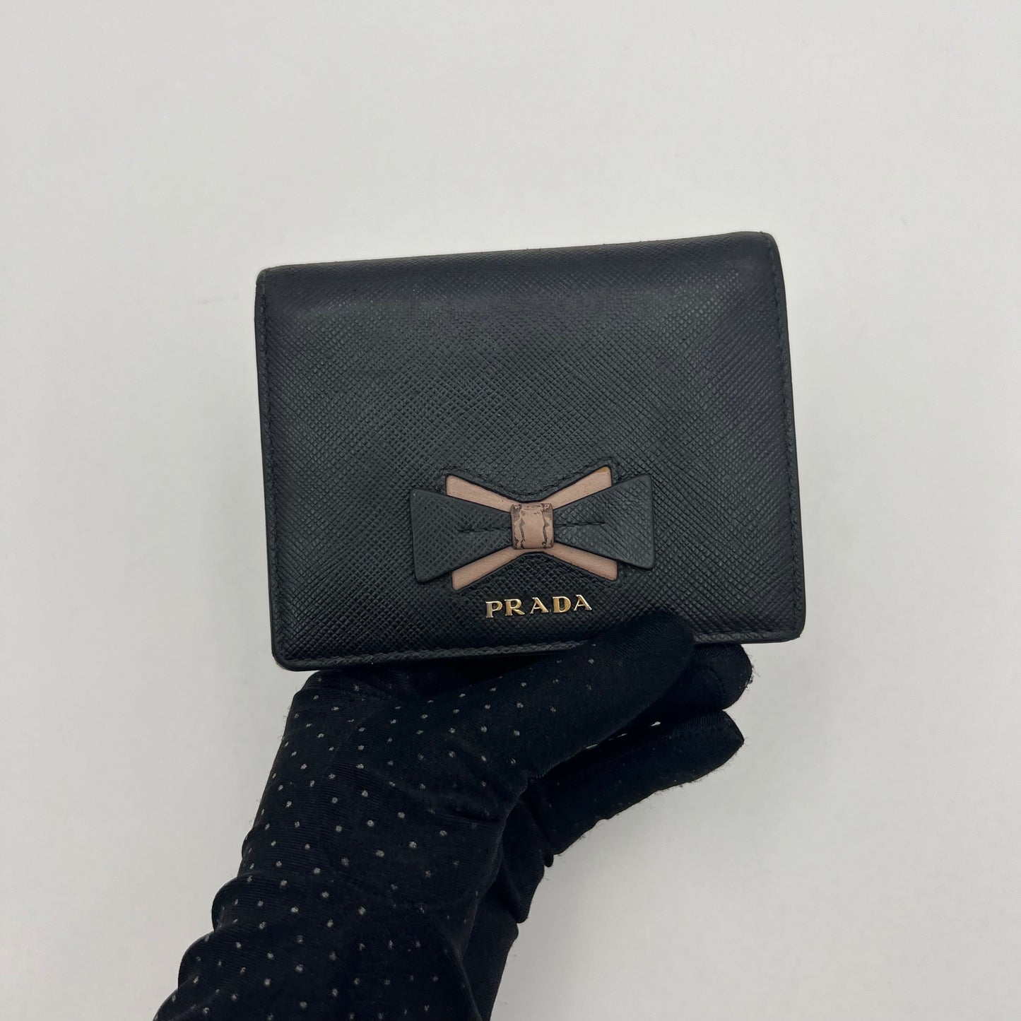 Prada Black Saffiano Beige Lining Bow Bifold Short Wallet