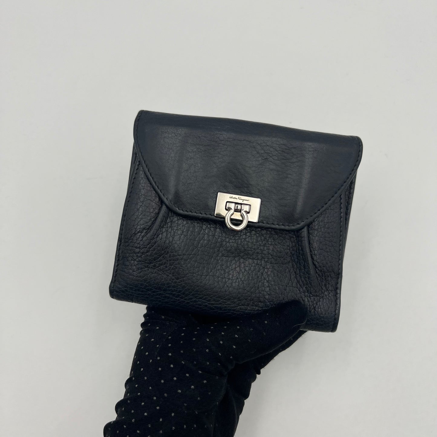 Salvatore Ferragamo Black Leather Gancini Short Bifold Wallet SHW