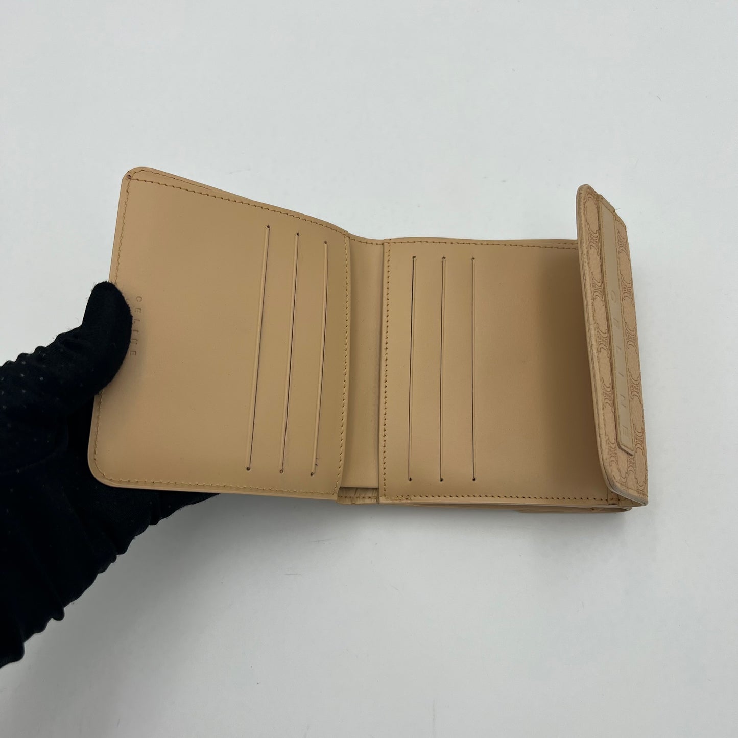 Celine Paris Beige Macadam Logo Short Trifold Compact Wallet