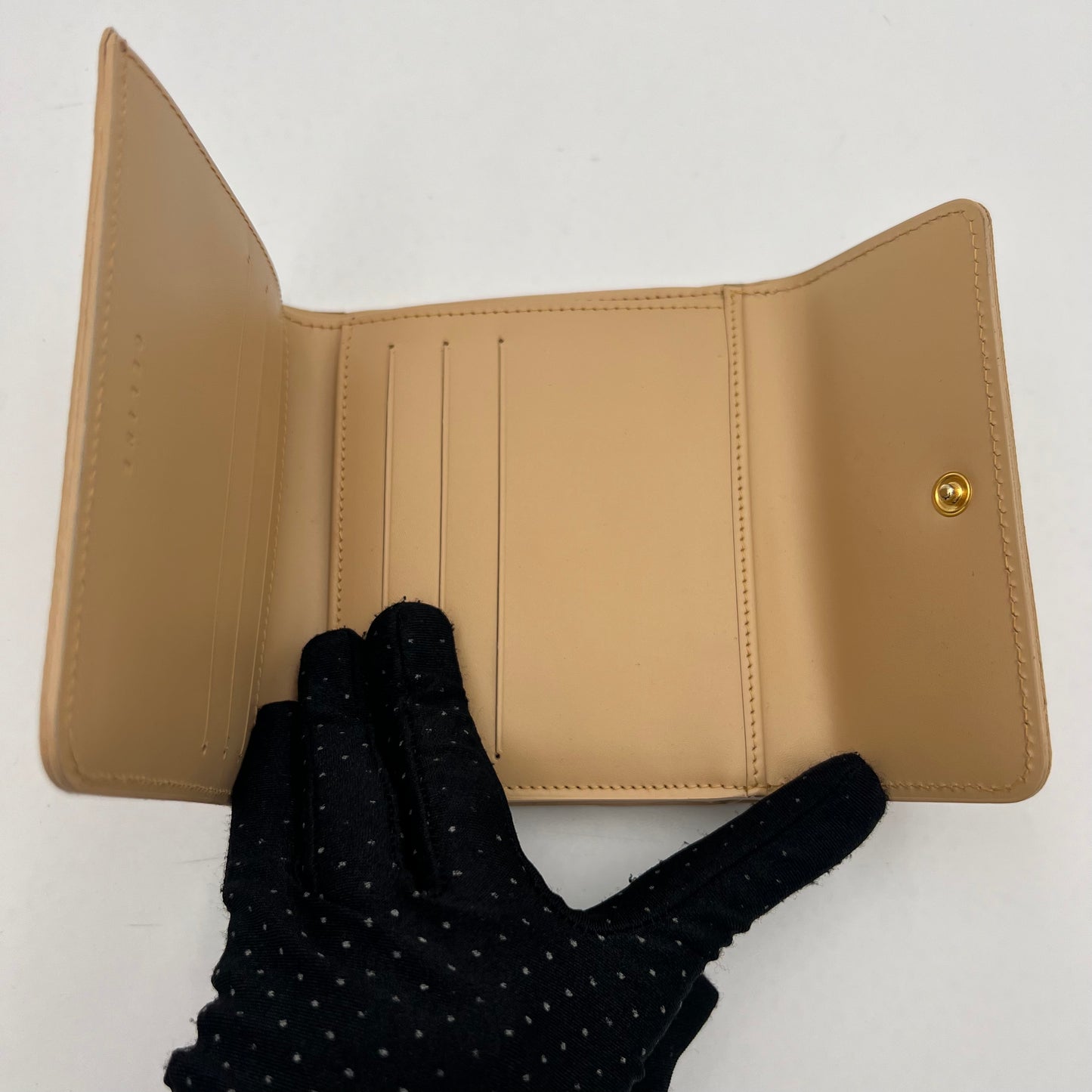 Celine Paris Beige Macadam Logo Short Trifold Compact Wallet