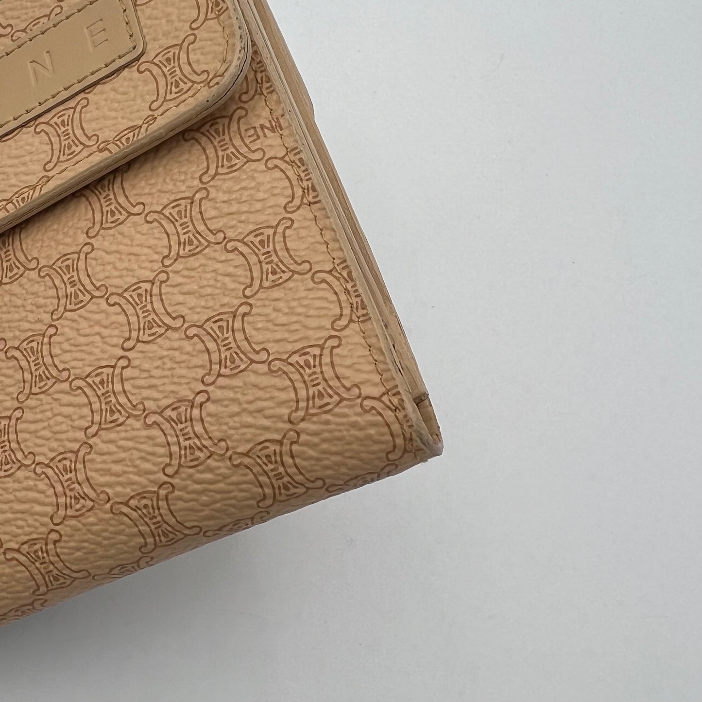 Celine Paris Beige Macadam Logo Short Trifold Compact Wallet