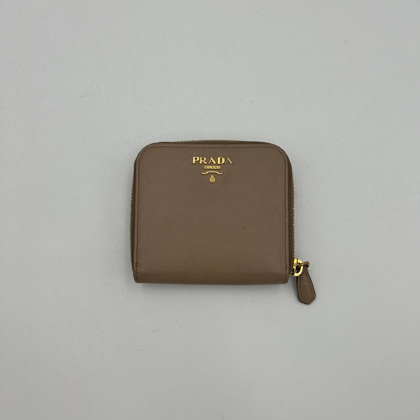 Prada Beige Saffiano Bifold Compact Zippy Wallet GHW