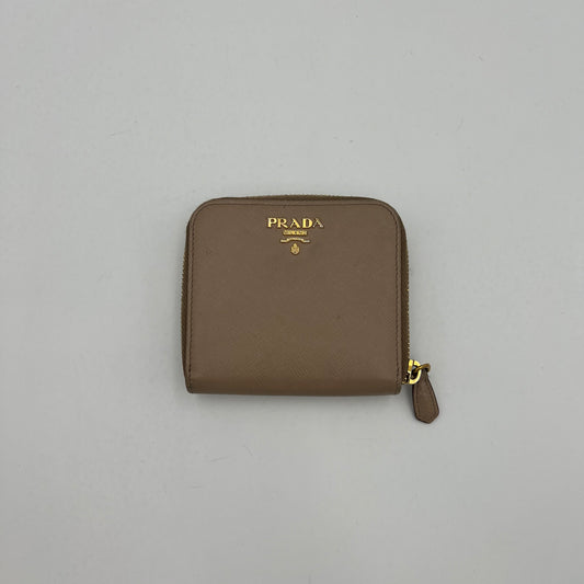 Prada Beige Saffiano Bifold Compact Zippy Wallet GHW
