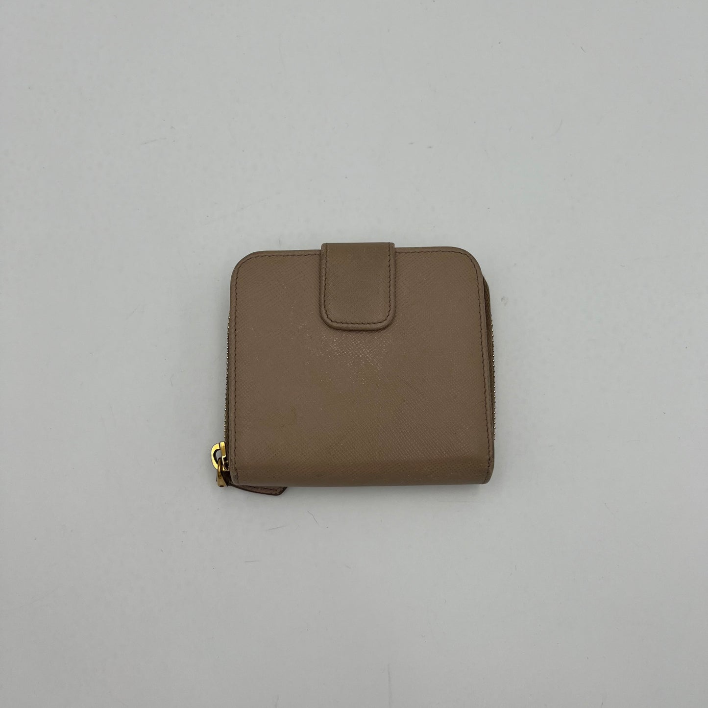 Prada Beige Saffiano Bifold Compact Zippy Wallet GHW