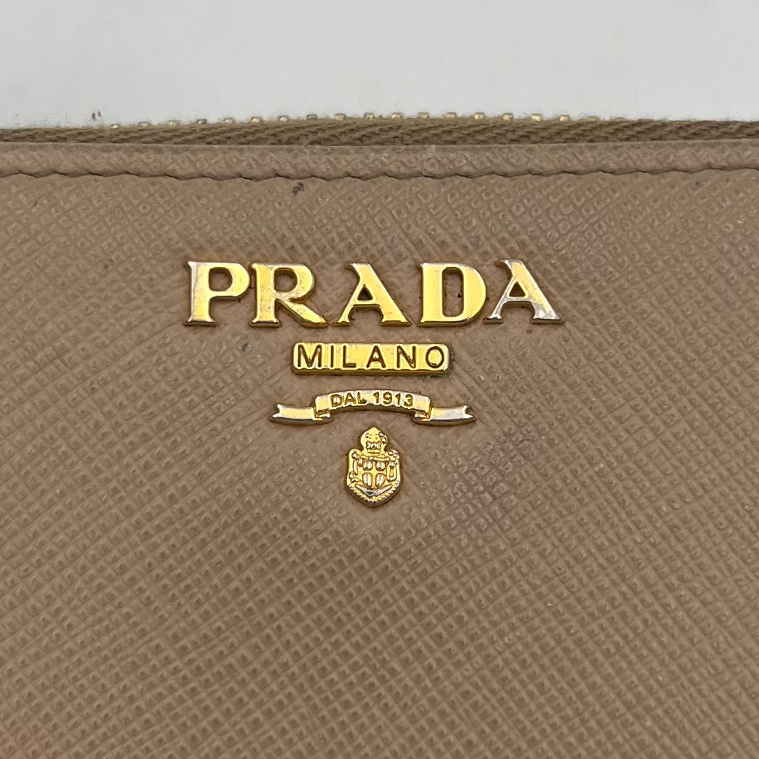 Prada Beige Saffiano Bifold Compact Zippy Wallet GHW