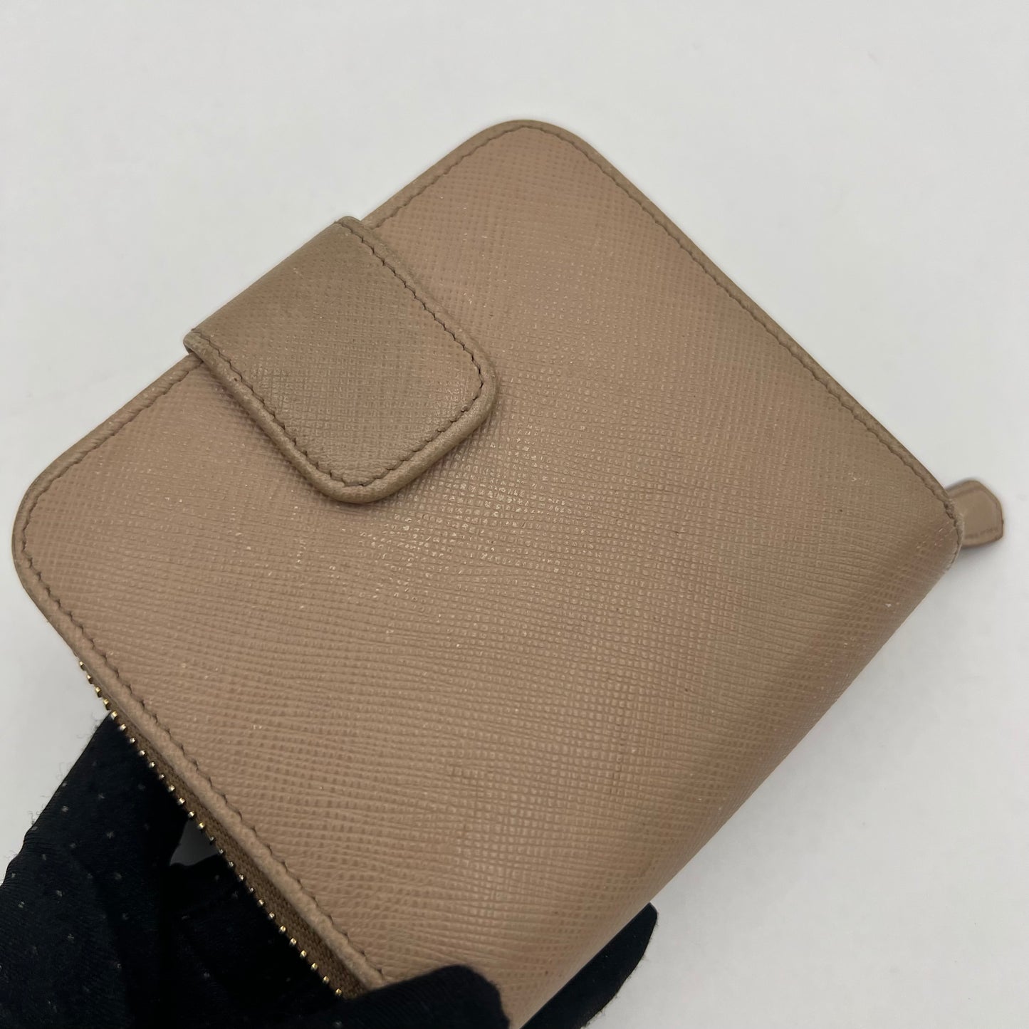 Prada Beige Saffiano Bifold Compact Zippy Wallet GHW