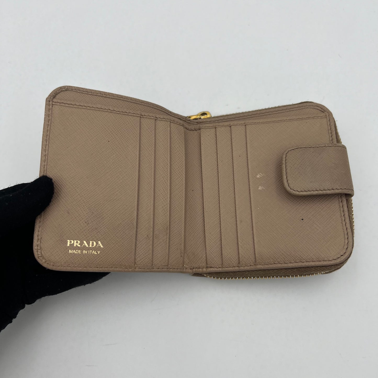 Prada Beige Saffiano Bifold Compact Zippy Wallet GHW