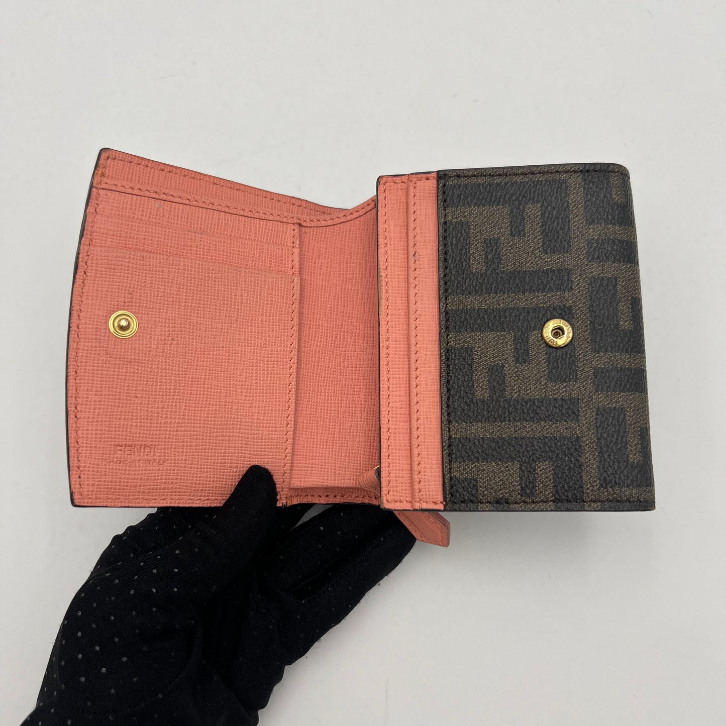 Fendi Tobacco Zucca Coated Canvas and Pink Leather Short Bifold Wallet