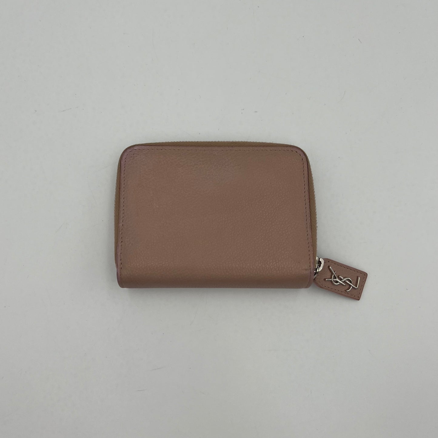 YSL Pale Pink Grained Leather Rive Gauche Compact Zip Around Wallet