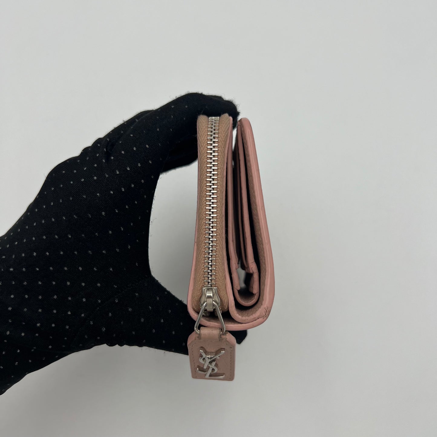 YSL Pale Pink Grained Leather Rive Gauche Compact Zip Around Wallet