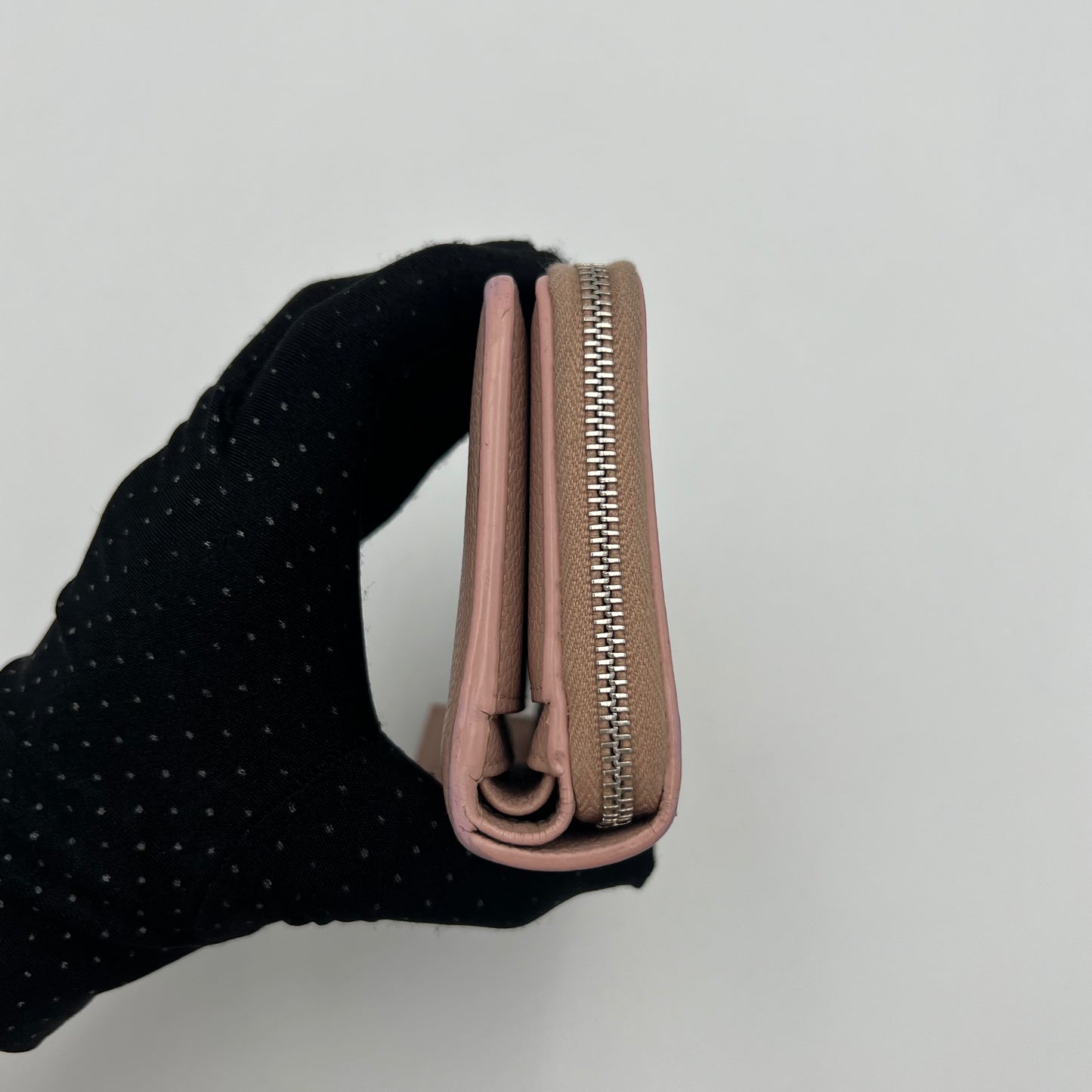 YSL Pale Pink Grained Leather Rive Gauche Compact Zip Around Wallet