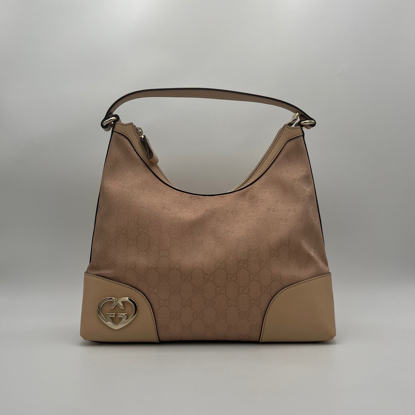 Gucci Pink Monogram Canvas and Beige Leather Lovely Heart Hobo Bag