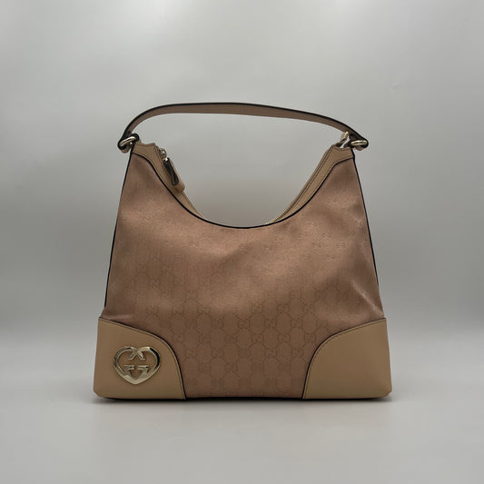 Gucci Pink Monogram Canvas and Beige Leather Lovely Heart Hobo Bag