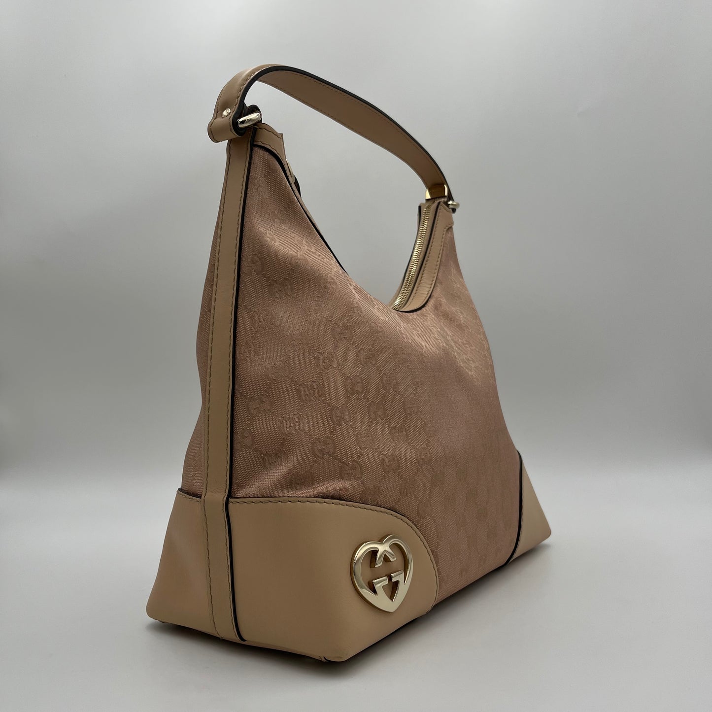 Gucci Pink Monogram Canvas and Beige Leather Lovely Heart Hobo Bag