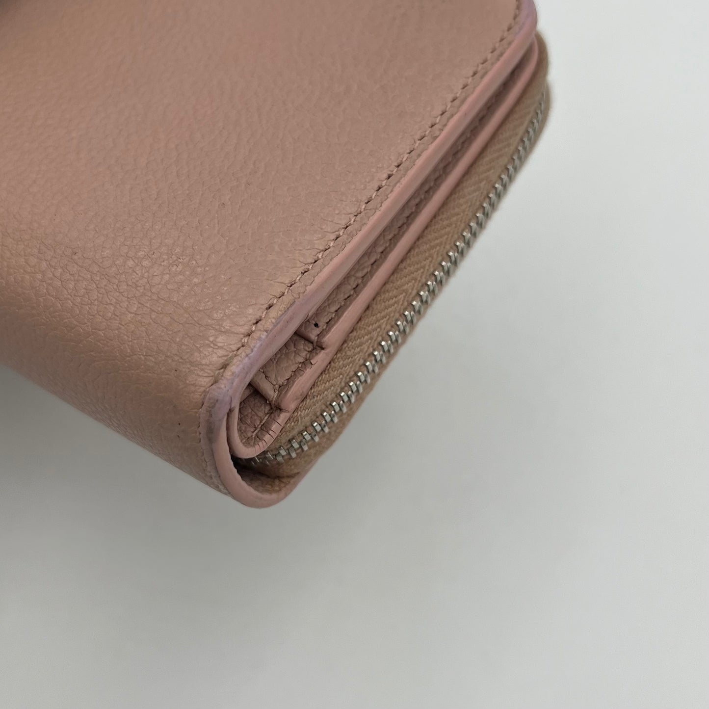 YSL Pale Pink Grained Leather Rive Gauche Compact Zip Around Wallet