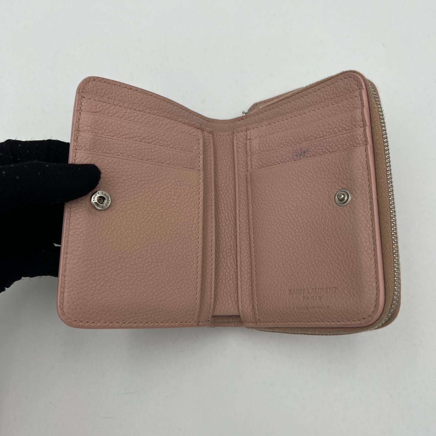 YSL Pale Pink Grained Leather Rive Gauche Compact Zip Around Wallet