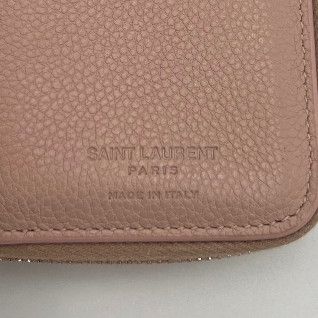 YSL Pale Pink Grained Leather Rive Gauche Compact Zip Around Wallet