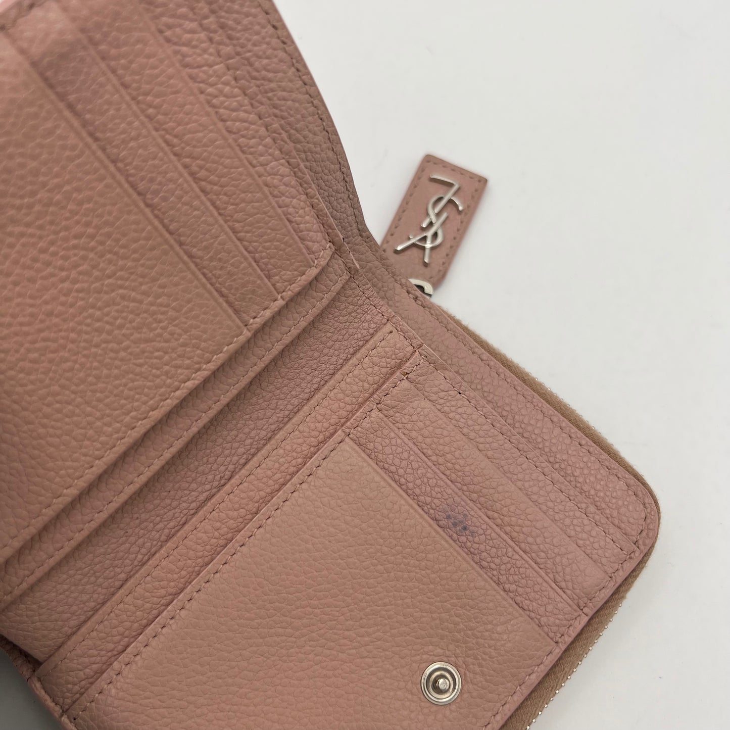 YSL Pale Pink Grained Leather Rive Gauche Compact Zip Around Wallet