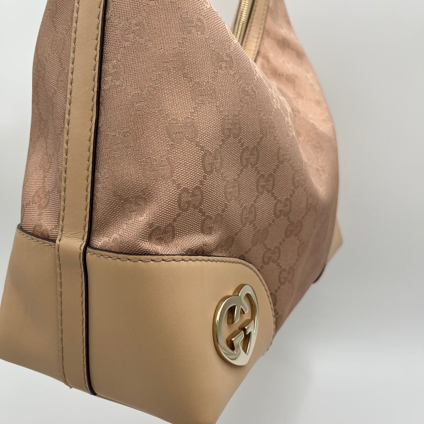 Gucci Pink Monogram Canvas and Beige Leather Lovely Heart Hobo Bag
